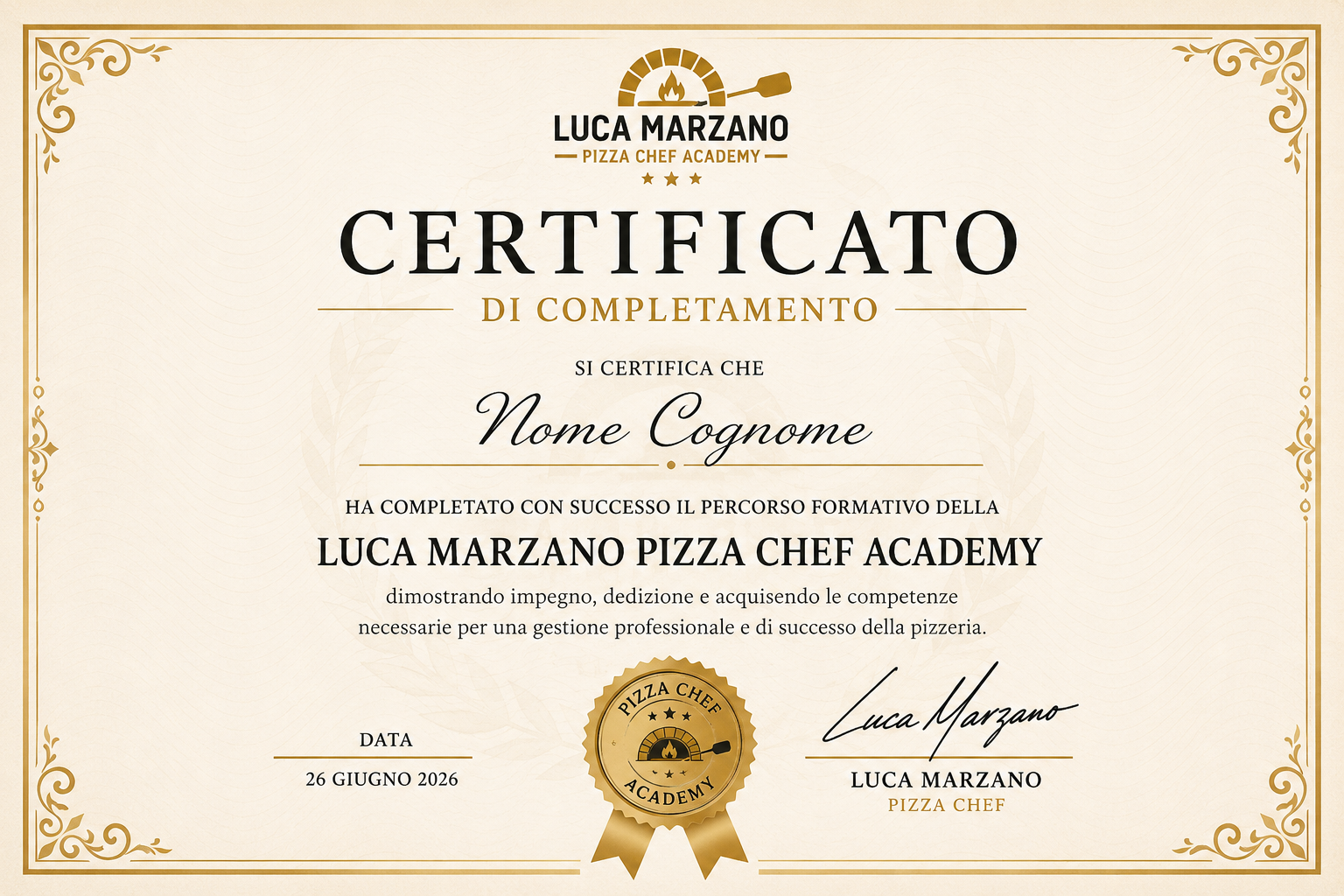 Certificato di completamento Luca Marzano Pizza Chef Academy